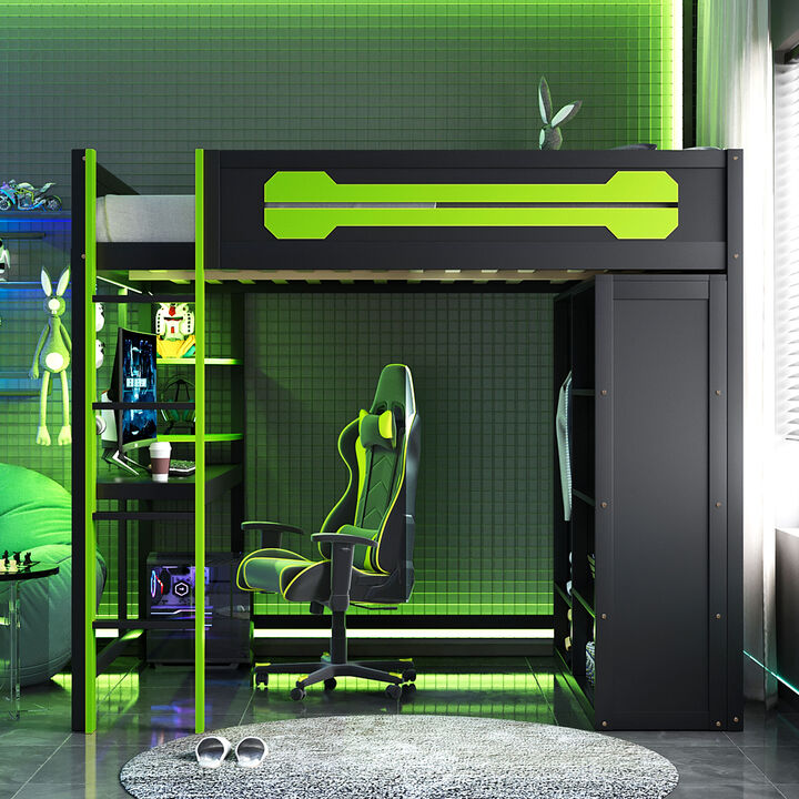 Merax Full Size Gaming Loft Bed with Desk, Wardrobe & RGB Lights