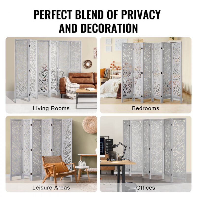 6-Panel Wood Room Divider, Folding Carved Privacy Screen for Home & Office image number 4