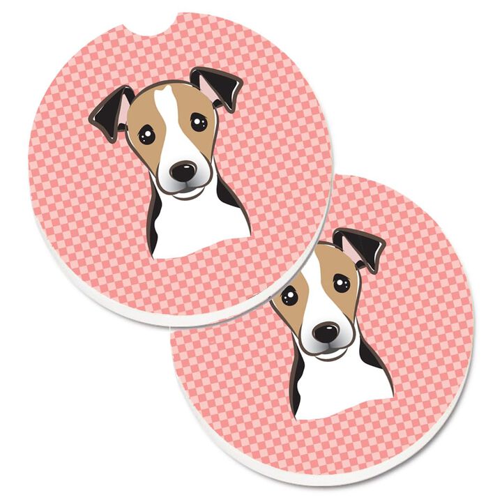 Caroline's Treasures Checkerboard Pink Jack Russell Terrier Set of 2 Cup Holder Car Coasters BB1261CARC, 2.56, Multicolor