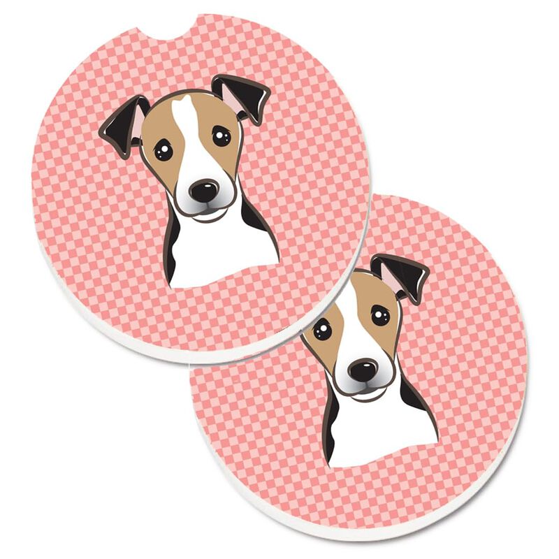 Caroline's Treasures Checkerboard Pink Jack Russell Terrier Set of 2 Cup Holder Car Coasters BB1261CARC, 2.56, Multicolor
