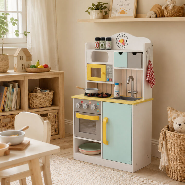 Teamson Kids Little Chef Florence Compact Wooden Play Kitchen with Oven, Microwave, Sink, Half Fridge, Clicking Knobs, Storage, 5 Accessories, Pretend Play Set