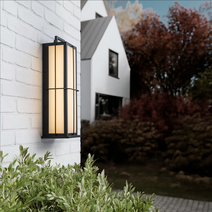 H16 Inch Modern Outdoor Wall Lantern with Dusk-to-Dawn Sensor Integrated 16W LED Light Frosted Panels and Black Metal Exterior Sconce for Porch Garage Entryway