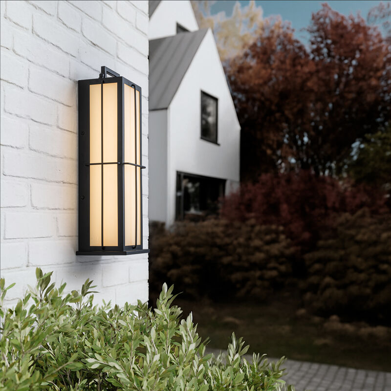 H16 Inch Modern Outdoor Wall Lantern with Dusk-to-Dawn Sensor Integrated 16W LED Light Frosted Panels and Black Metal Exterior Sconce for Porch Garage Entryway image number 1
