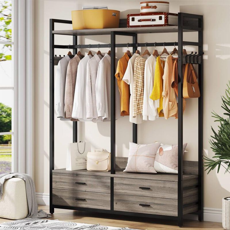 Hivvago Heavy Duty Brown Black Garment Rack Clothes Hanging Rod with 4 Storage Drawers