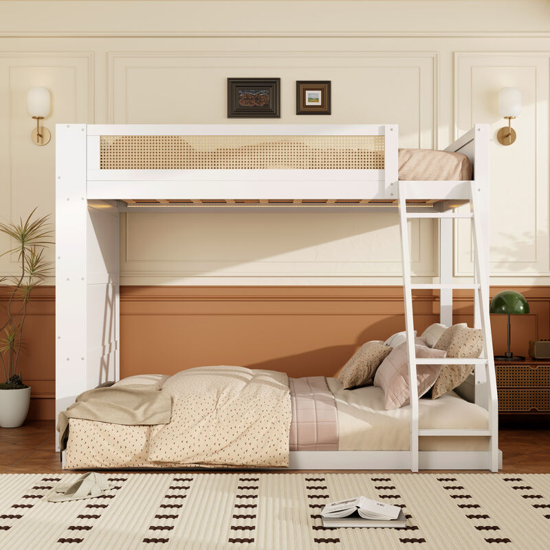 Merax Twin over Full Bunk Bed with Rattan Guardrail, LED Light & 4-Tier Side Bookshelf image number 2
