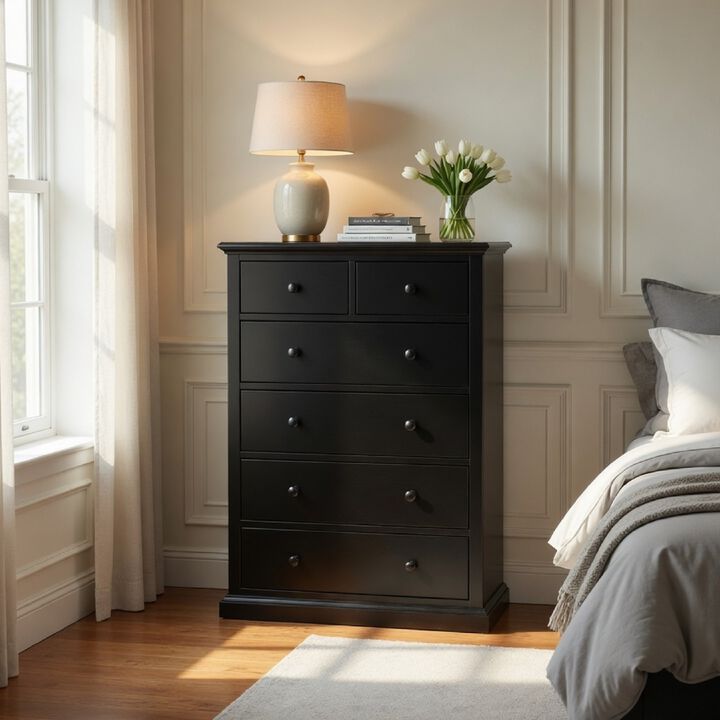 Umer Tall Dresser Chest, 6 Drawers, Round Knobs, Plinth Base, Wood