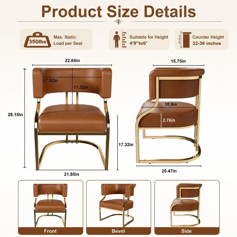 GOODSILO Armless Modern Dining Accent Chairs Set of 2 with Gold Plated Iron Frame PU Upholstered Cushion Ergonomic Curved Backrest for Dining Room Kitchen image number 1