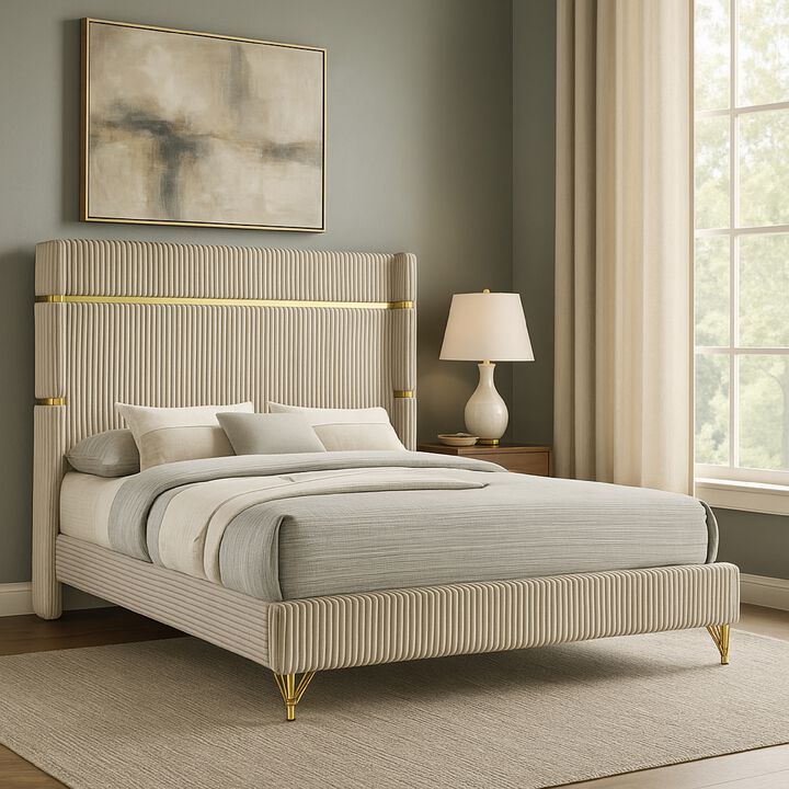 Jenny King Size Bed, Fluted Wingback Headboard, Beige Upholstery Gold Trim
