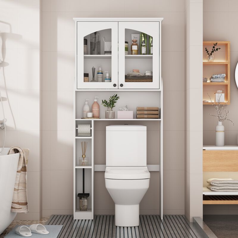 FUFU&GAGA White Over-the-Toilet Storage Cabinet with Adjustable Shelf & Retractable Tissue Holder, Modern Design, Spacious Storage (71.9" H x 32.2" W x 10.5" D), White image number 2