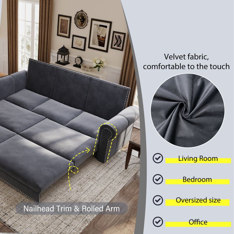TATEUS 3-in-1 Velvet Convertible Sleeper Sofa with Nailhead Trim & Rolled Arm,Multi-Functional Sofa Bed