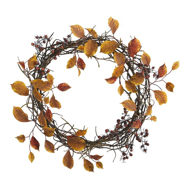 Nearly Natural 19-in Harvest Leaf, Berries  and Twig Artificial Wreath
