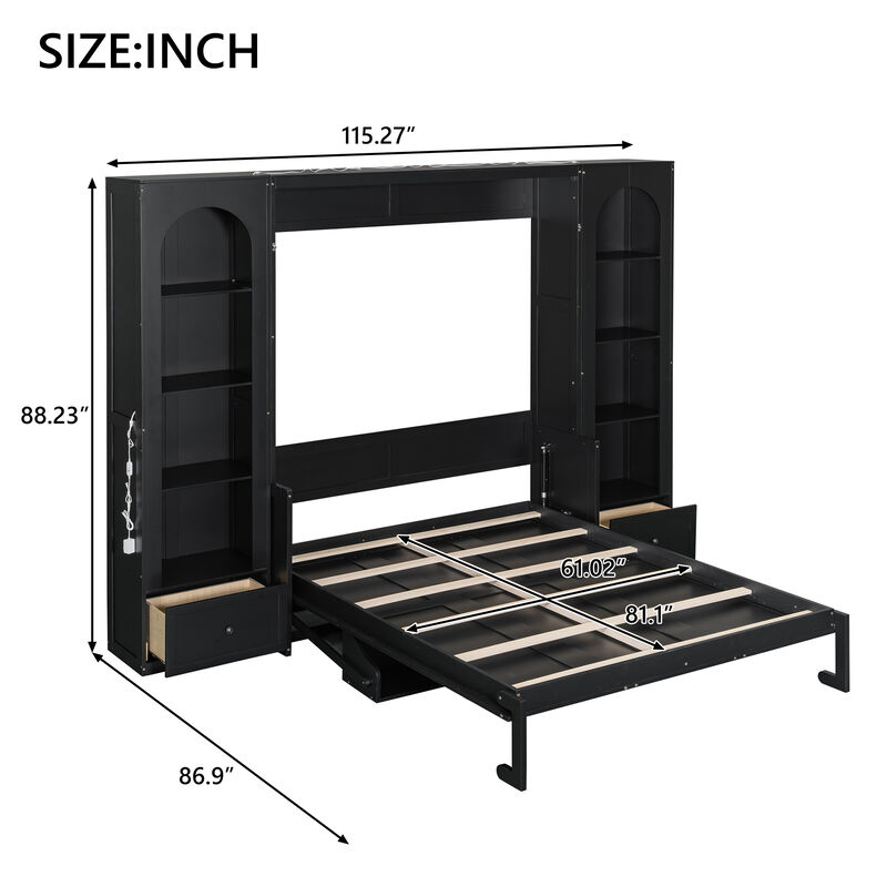 Merax Bed with Shelf, Side Cabinets, Drawers and LED