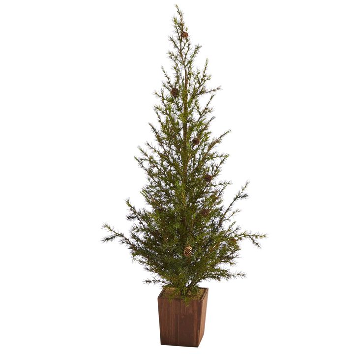 Nearly Natural Alpine “Natural Look-in Artificial Christmas Tree in Wood Planter with Pine Cones