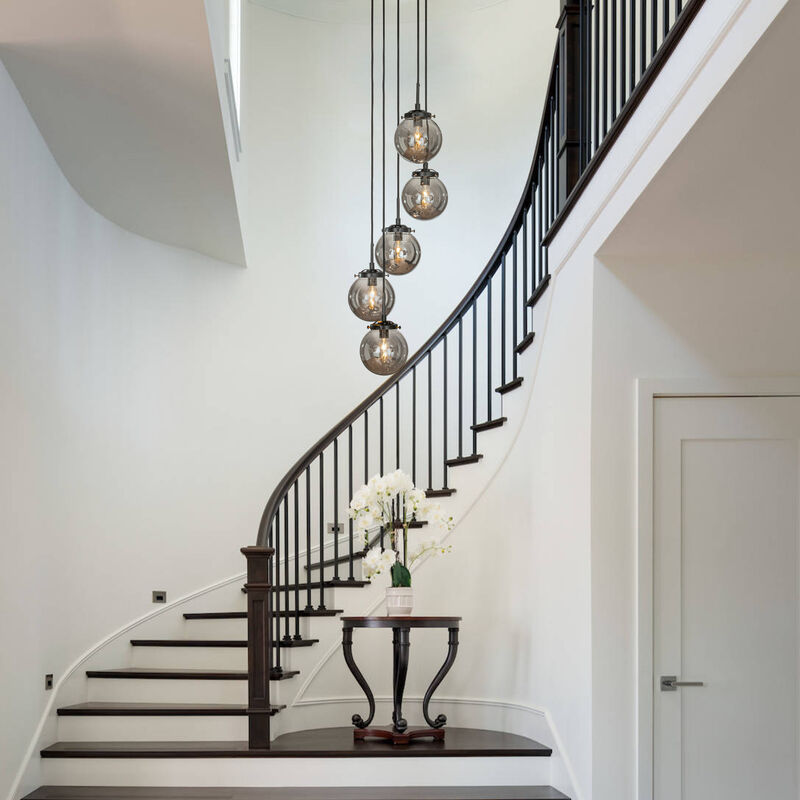 5-Light Matte Black Staircase Modern Chandelier Corner Pendant With Smoke Globe Bubble Glass Accents image number 2