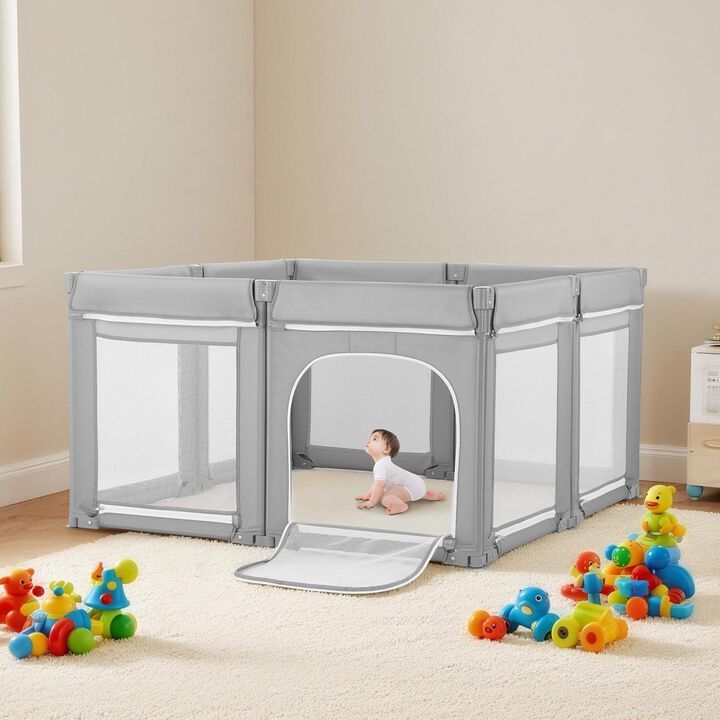 Extra Large Foldable Baby Playpen, Toddler Play Yard with Mesh & Zipper Door