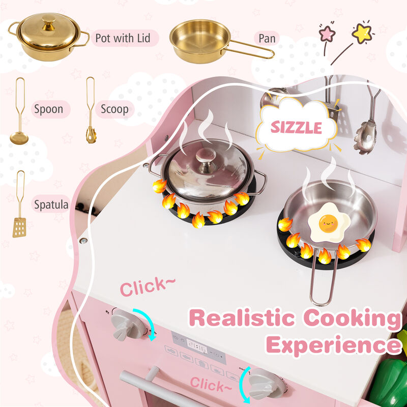 Wooden Kids Play Kitchen Chef Pretend Playset Featuring Microwave and Adjustable Height image number 6