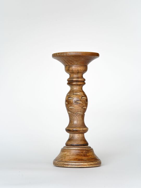 Traditional Medium Burnt Eco-friendly Handmade Mango Wood Set Of Two 6" & 9" Pillar Candle Holder