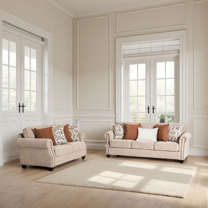 Bonie Sofa and Loveseat Set, Rolled Arms, 9 Pillows, Taupe Polyester - Benzara