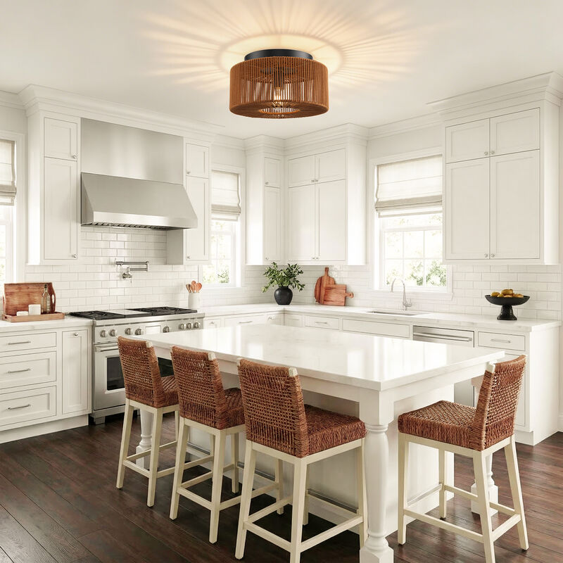 13.8" 1-Light Farmhouse Brown Caged Low Profile Ceiling Light with Cotton Thread Shade for Bedroom,  Dining Room or Entryway image number 3