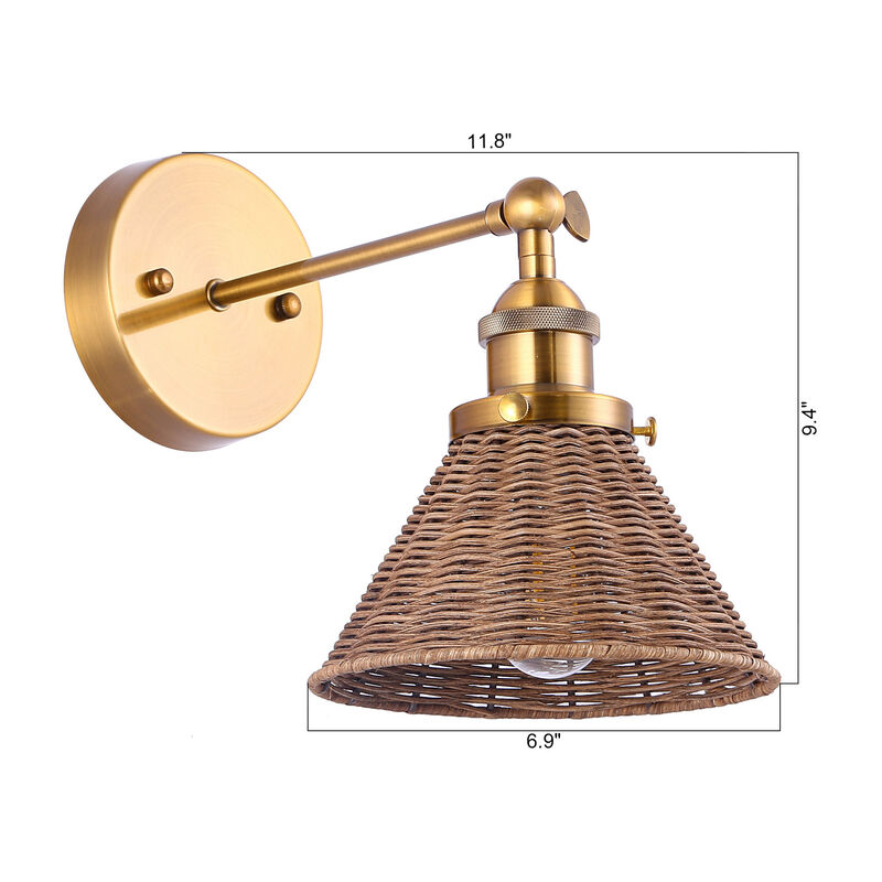 11.8" 1-Light Vintage Farmhouse Gold Rattan LED Wall Sconces with Adjustable Lamp Head