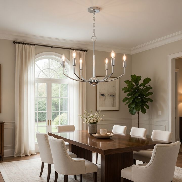 Kera 6 Light Candelabra Chandelier, 26 Inch XL Modern Chrome Metal