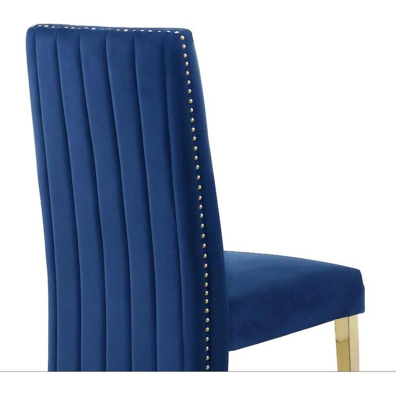 Set of 2 Navy Velvet Tufted Side Chairs with Gold Legs and Nailhead Trim