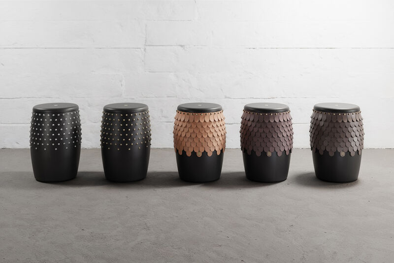 SITIERA_01 Solid Wood Stool, with Olivo Thick Leather Accents, and Aged Bronze by ANDEAN, In Stock