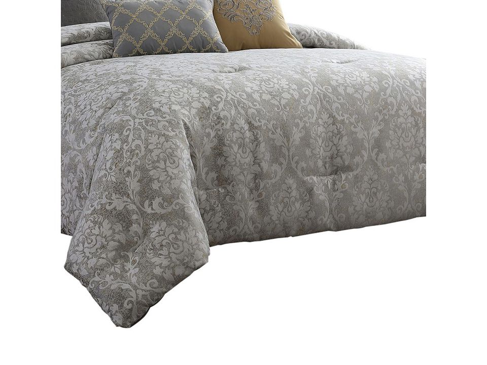 9 Piece King Polyester Comforter Set with Medallion Print, Gray and Gold - Benzara