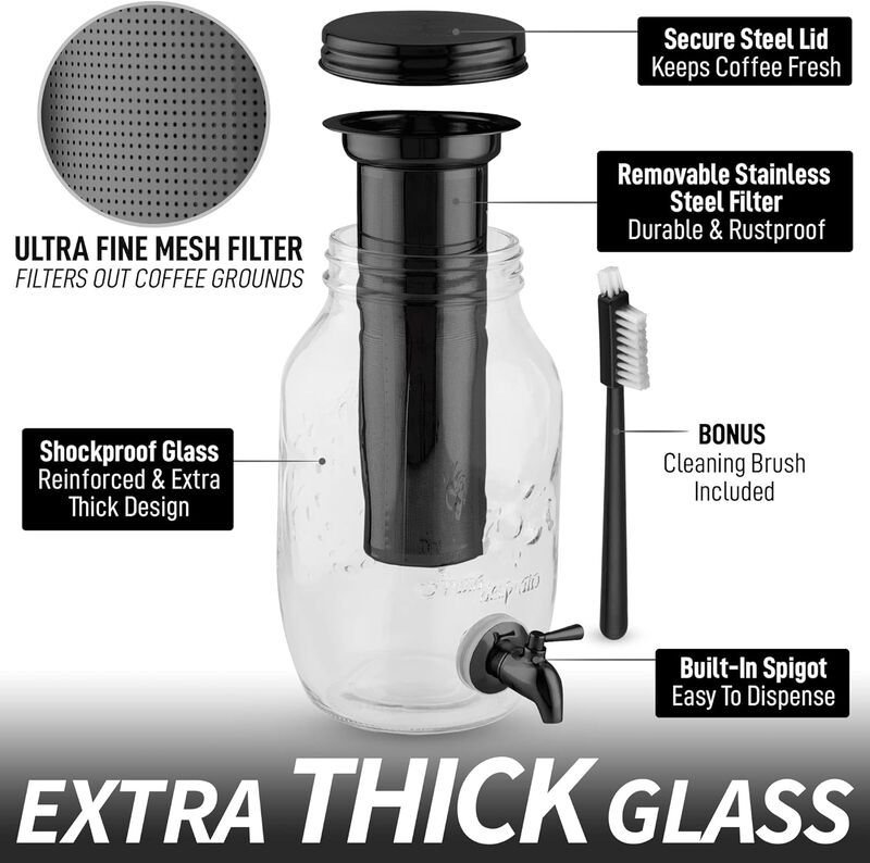1.5 Liter Cold Brew Coffee Maker with Extra Thick Glass Carafe & Stainless Steel Mesh Filter