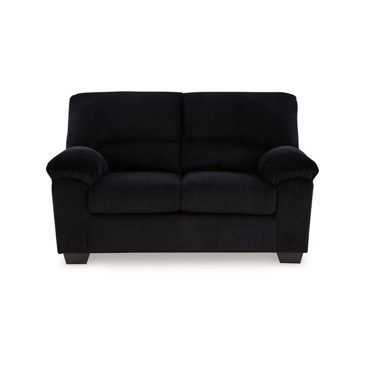Simy Loveseat, 63 Inch Black Polyester Corduroy, Pillow Top Arms