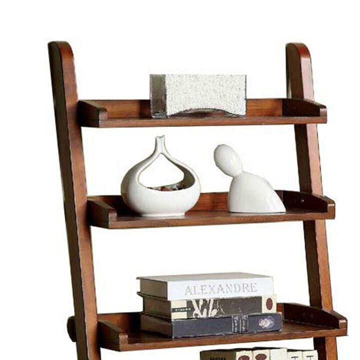 Transitional Style 5 Tier Wooden Ladder Shelf with Sled Base, Brown-Benzara