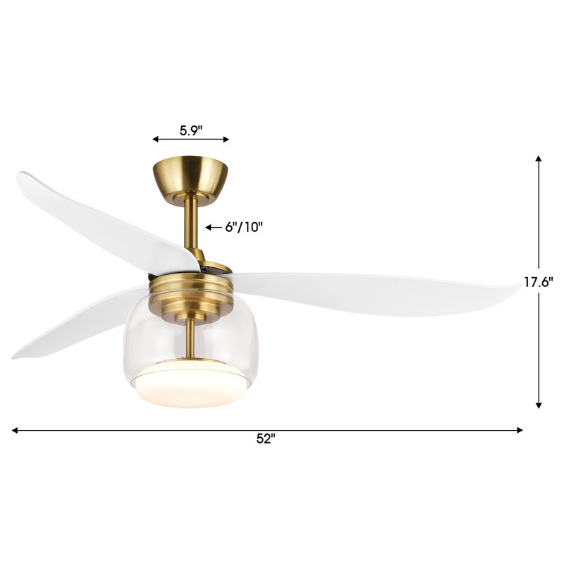 52" Modern Antique Brass Clear Glass Reversible DC Dimmable Ceiling Fan with Light and Remote image number 5