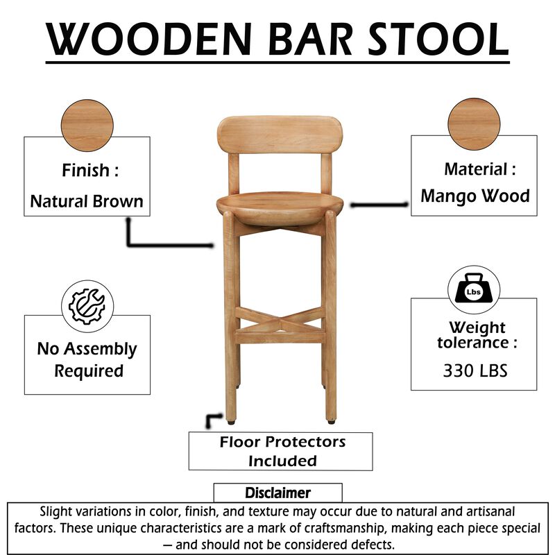 Maona Bar Stool Chair with Round Seat, Curved Open Back, Natural Brown Mango Wood image number 4