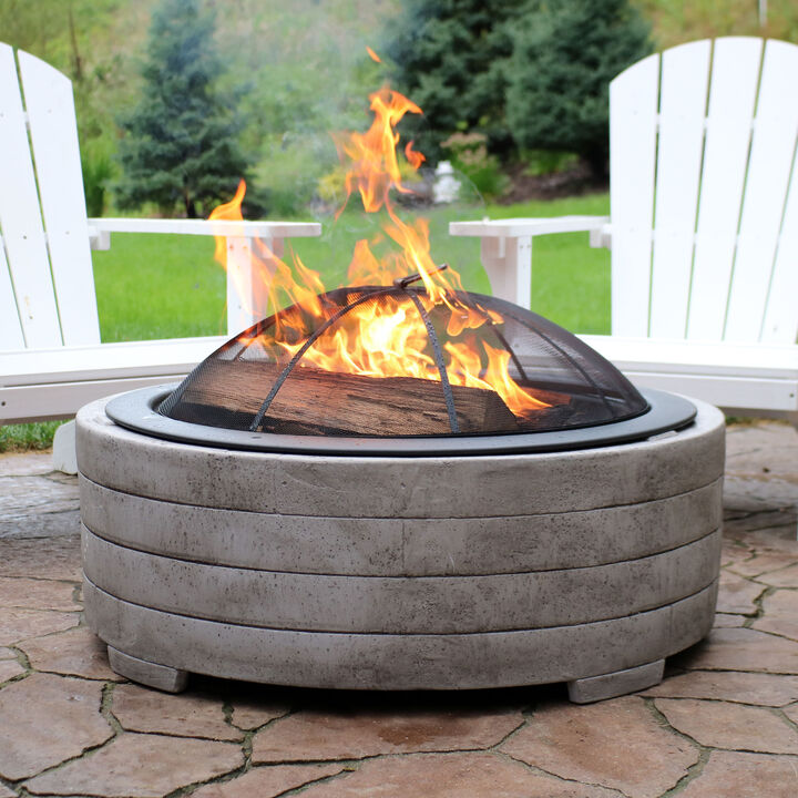 Sunnydaze 35 in Faux Stone Fire Pit with Handles and Spark Screen