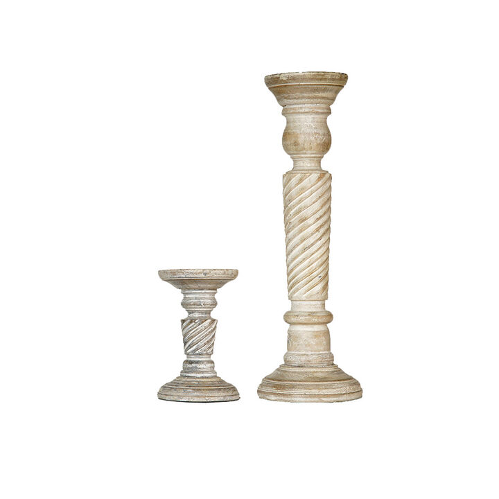 BBH Homes Traditional Antique White Eco-friendly Handmade Mango Wood Set Of Two 6" & 15" Pillar Candle Holder