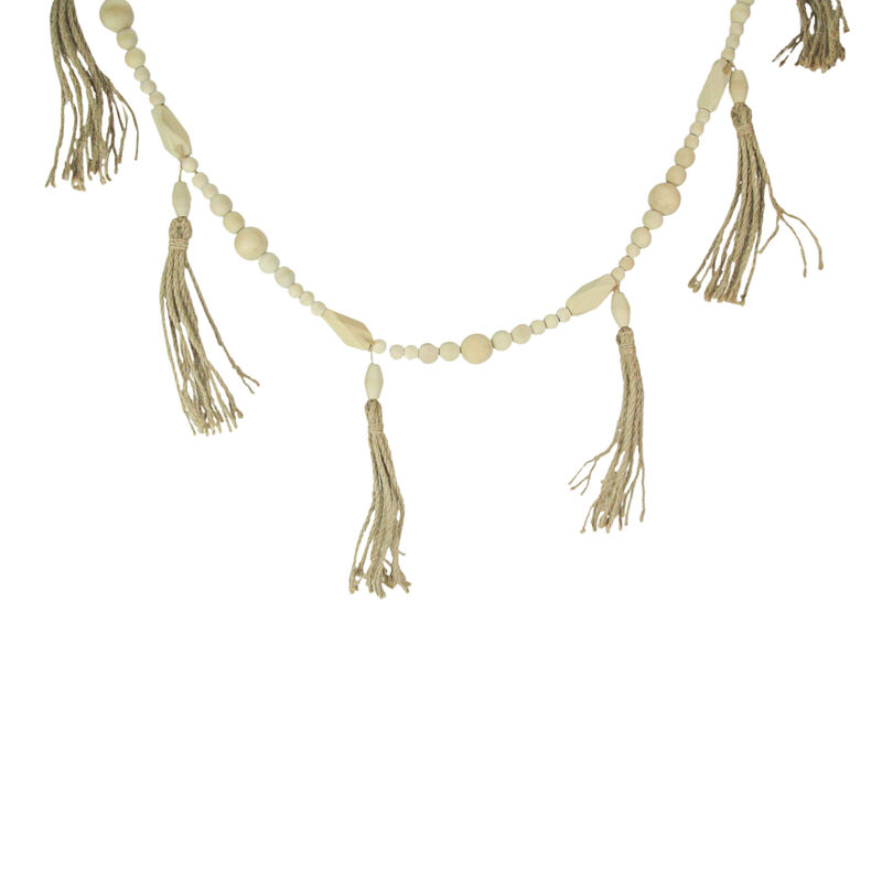 Bohemian Style Wooden Bead and Jute Rope Tassel Hanging Garland Boho image number 1