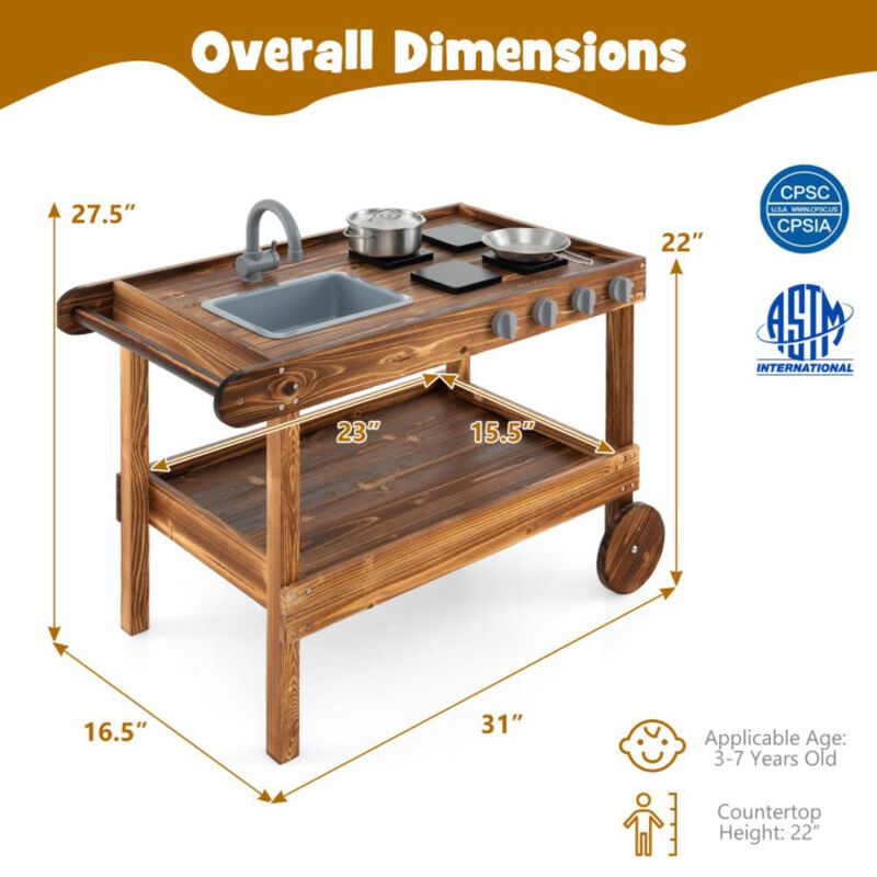 Hivvago Outdoor Movable Mud Kitchen with 2 Rolling Wheels and 1 Push Handle