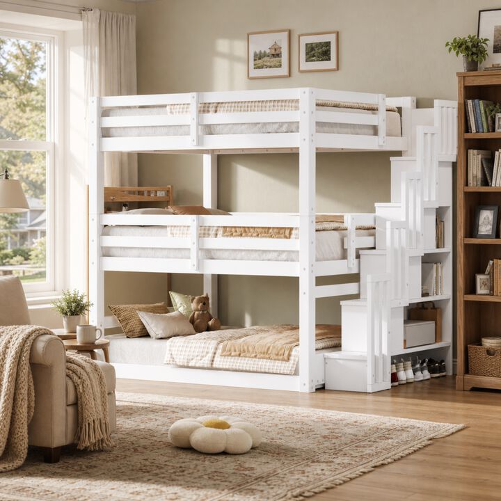 Whisen Full Size Triple Bunk Bed with Storage Staircase, Solid Pine for Kids Bedroom