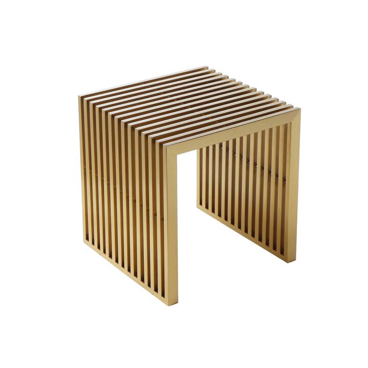Niki 17 Inch Accent Stool, Slatted Design, Square, Luxurious Brushed Gold  - Benzara