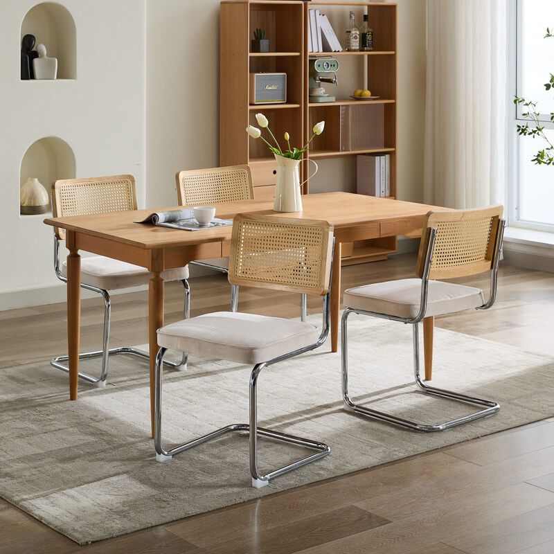 Whisen 2-Piece Mid Century Dining Chairs, Velvet Upholstered with Cane Back & Chrome Base, Cantilever Design for Kitchen image number 2