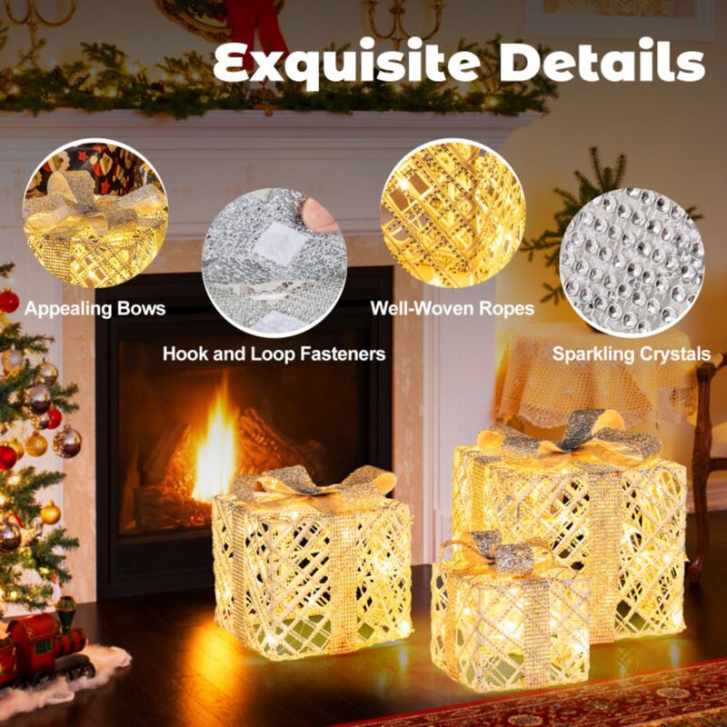 3 Pack Christmas Lighted Gift Box with 50 LED Lights and Detachable Bows image number 7