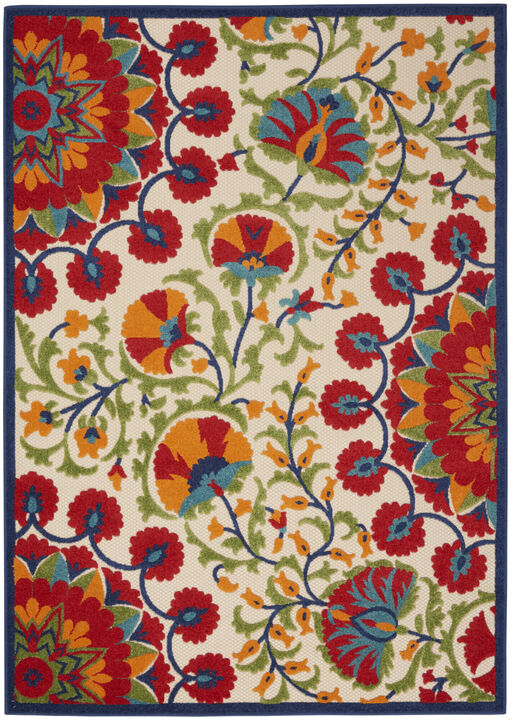 HomeRoots 8' X 11' Navy Blue Beige Green Blue And Red Floral Indoor Outdoor Area Rug