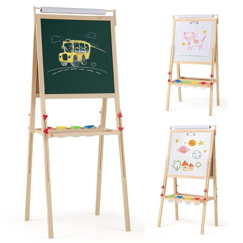 Kids Adjustable Double-Sided Easel with 4 Paint Cups and Art Supplies Storage image number 0