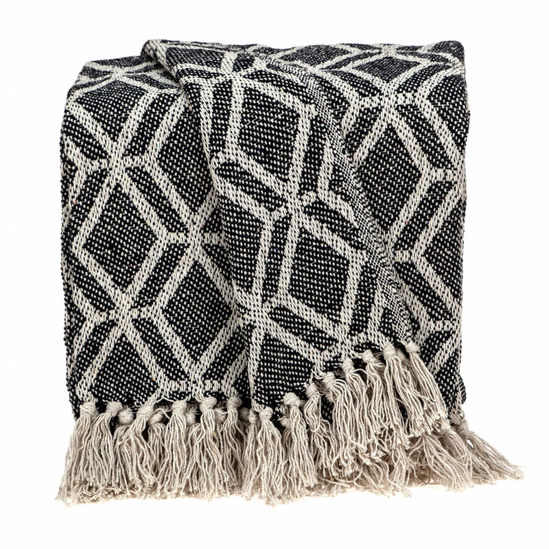 HomeRoots Grey and Beige Handloom Geometric Woven Throw Blanket image number 0