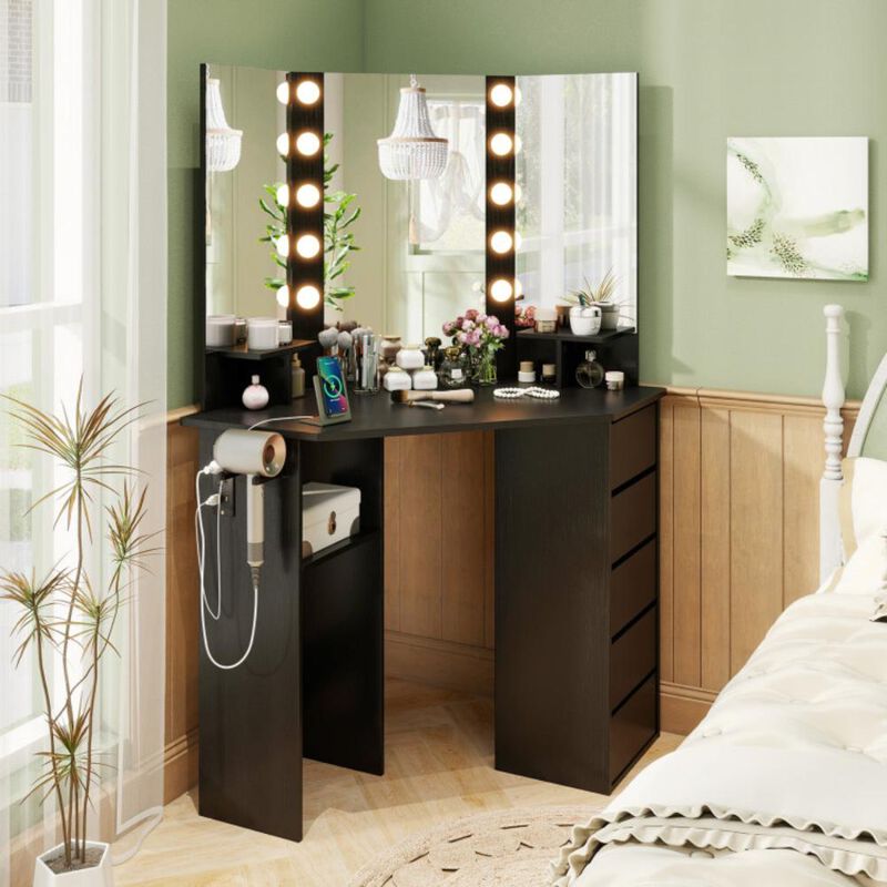 Hivvago Corner Vanity Desk with 3-Color LED Lighted Mirror and Power Outlet