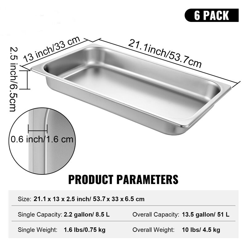 2" Deep Steam Table Pan Full Size 8.5 L/8.9 Quart Stainless Steel Anti-Jam 6 Pack