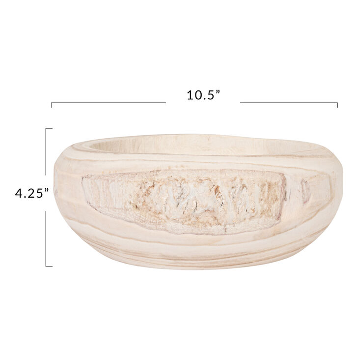 Decorative Hand-Carved Paulownia Wood Bowl, Whitewashed