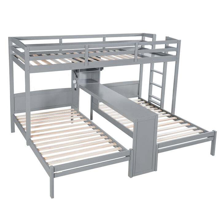 Merax Twin over Twin&Twin Bunk Bed with Built-in Desk and Storage Shelves