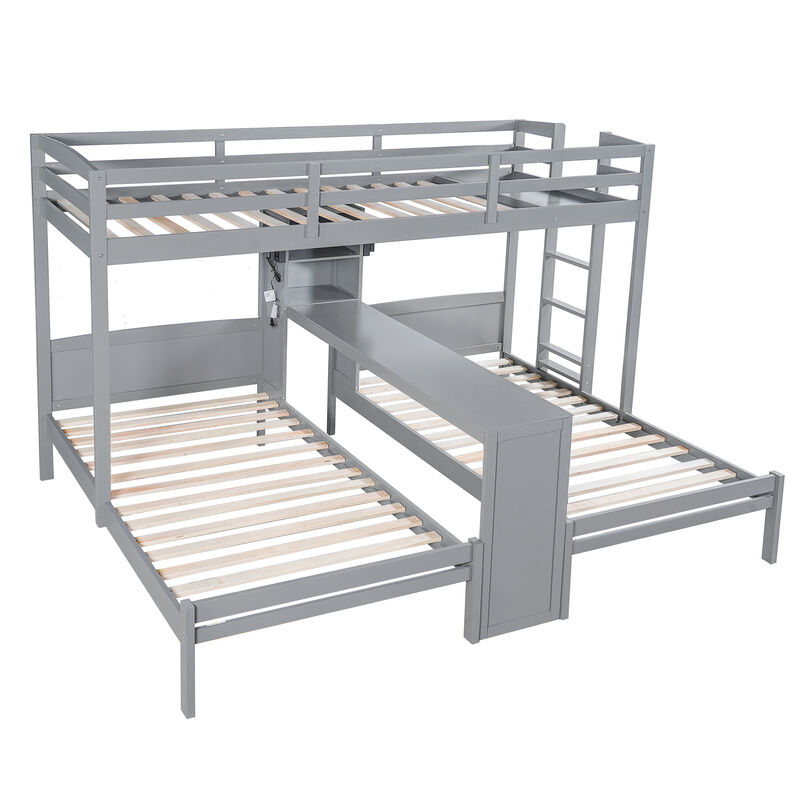 Merax Twin over Twin&Twin Bunk Bed with Built-in Desk and Storage Shelves image number 0