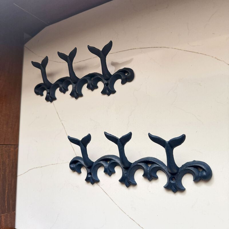 Set Of 2 Whale Tail Wall Hooks Cast Iron Blue Coastal Triple Hook 105 In image number 5